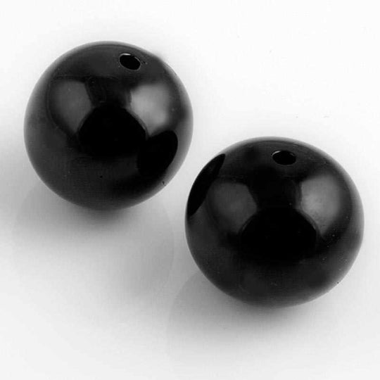 Vintage Art Deco rare hollow blown jet glass 1-hole balls. Avg. size 20mm, 1920s France, Pkg of 2. b11-bw-1013