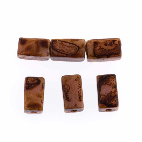 Vintage Czech picasso finish glass rectangle beads. 10x5mm. Pkg of 6. b11-br-0752