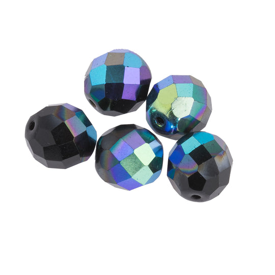 Vintage faceted jet glass round with partial AB finish, Czechoslovakia,12mm. Pkg. of 5. B11-MI-0051(e)