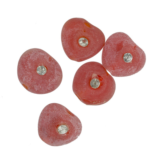 Vintage frosted red glass heart with rhinestone. 10x12mm. Pkg of 10. b11-rd-0648(e)