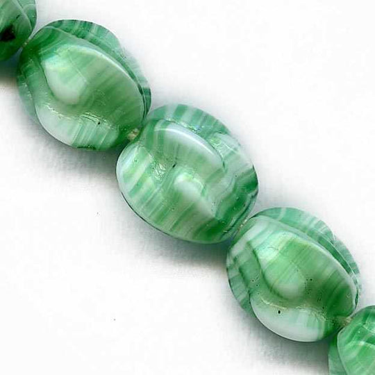 Vintage peachpit green and white rounds Czechoslovakia 9x8mm pkg of 10. b11-gr-0985(e)