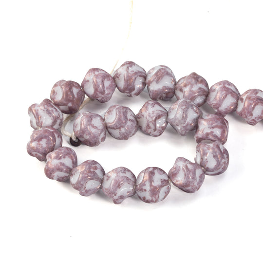 West German Picasso Pinched Glass Lilac and White Rounds. 8mm. Pkg 50. B11-PP-0595