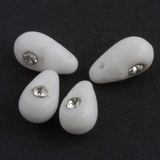 White Glass Teardrop with Rhinestone, pendant. 12x6mm Pkg 6. b11-bw-1071