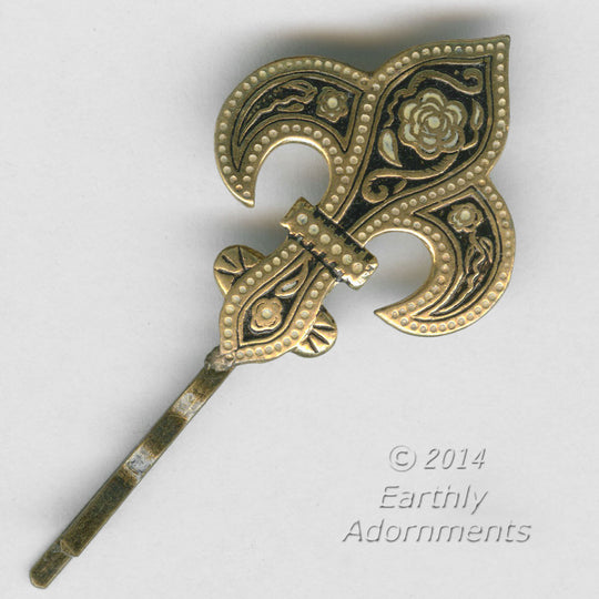 Vintage fleur de lys Toledo damascene earring repurposed into a hair pin. ac-h-0106