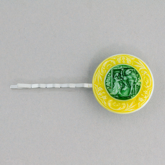 Vintage Czech pressed glass button made into a  hair pin. One of a kind. ac-h-202