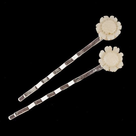Pair of vintage Chinese export white coral flower hair pins. ac-h-229