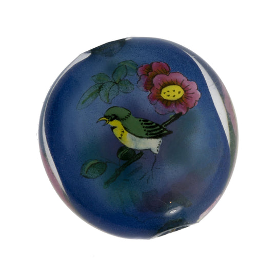 Reverse Painted Glass Bead, blue, with bird and flowers. 31x17mm. Pkg 1. b10-0008c