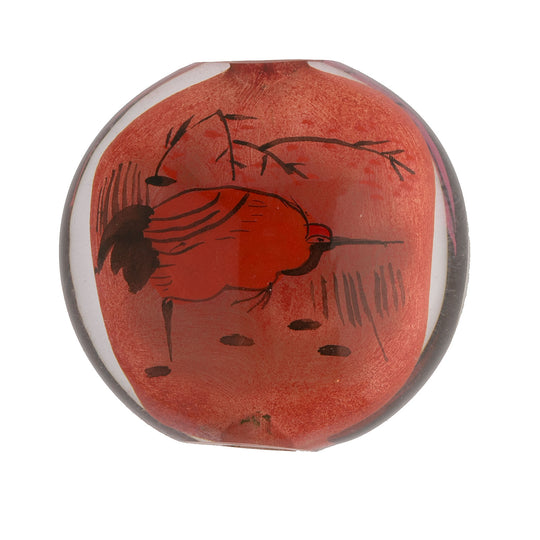 Reverse Painted Hollow Glass Bead, Heron & Lotus, red.  30mm. Pkg 1. B10-0008E