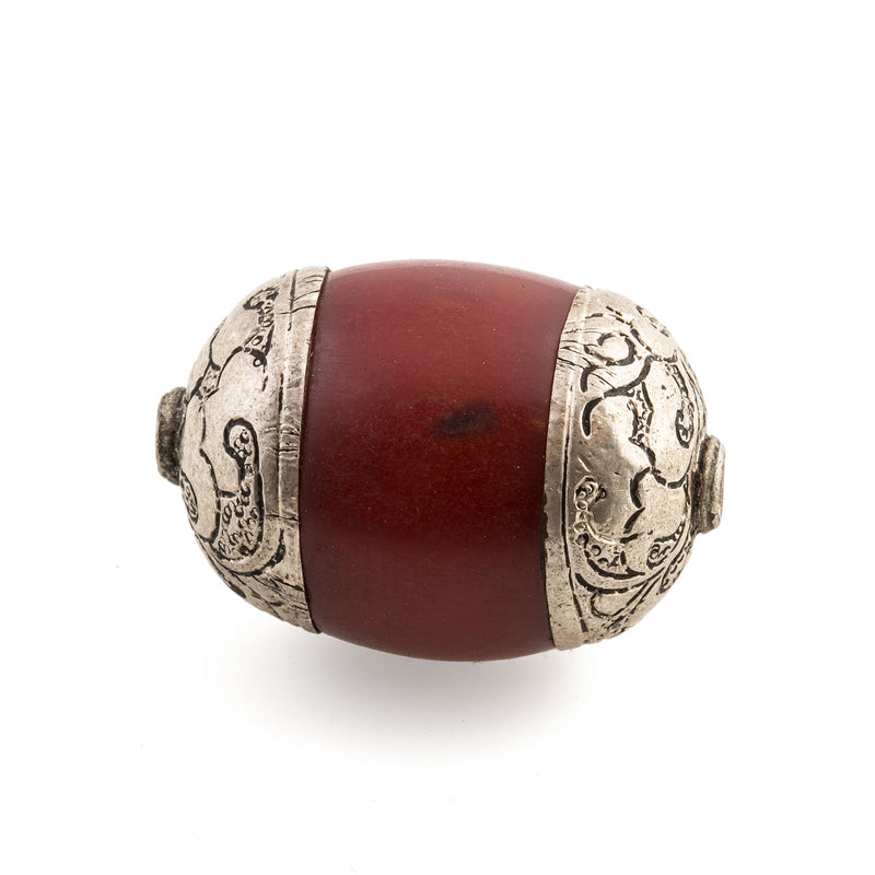 Old large Tibetan repousse sterling silver capped resin red faux amber bead. 33x26mm. 1pc. b4-amb106