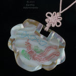 Vintage Inlaid Mother of Pearl Lock pendant, etched and painted, 40x52mm. 1970's Chinese export