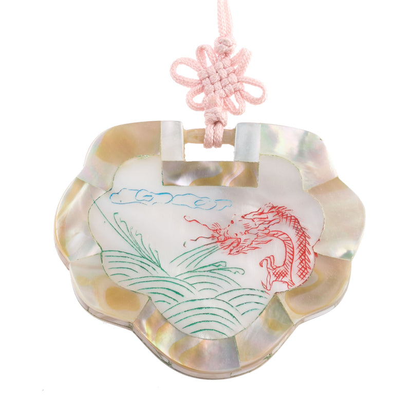 Vintage Inlaid Mother of Pearl Lock pendant, etched and painted, 40x52mm. 1970's Chinese export