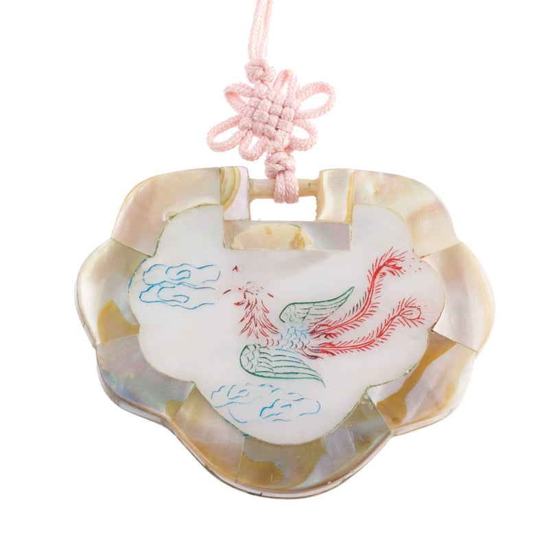 Vintage Inlaid Mother of Pearl Lock pendant, etched and painted, 40x52mm. 1970's Chinese export