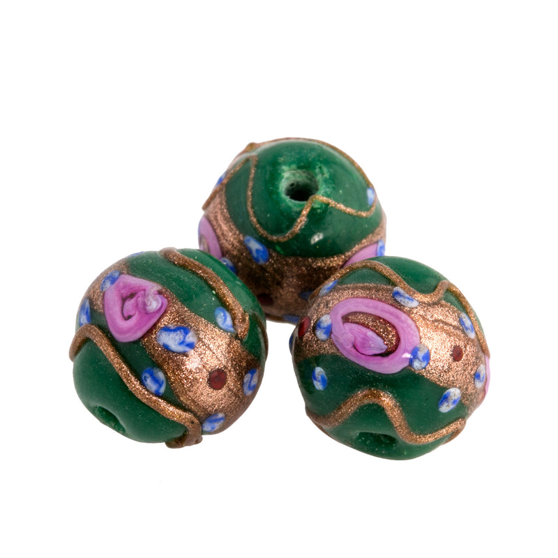Vintage Venetian Fiorato Wedding Cake beads. Opaque green wit aventurine and rosettes. c. 1950s, 14x16mm, sold individually. 