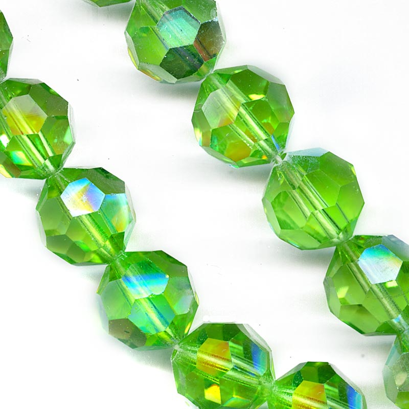 Vintage Czech tin-cut peridot green AB faceted rounds, 15x14mm pkg of 2. 