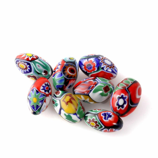 Vintage Murano Moretti studio millefiori glass beads. C. 1950s.  12.5 x 8 mm ovals. Pkg.1. b1-1025