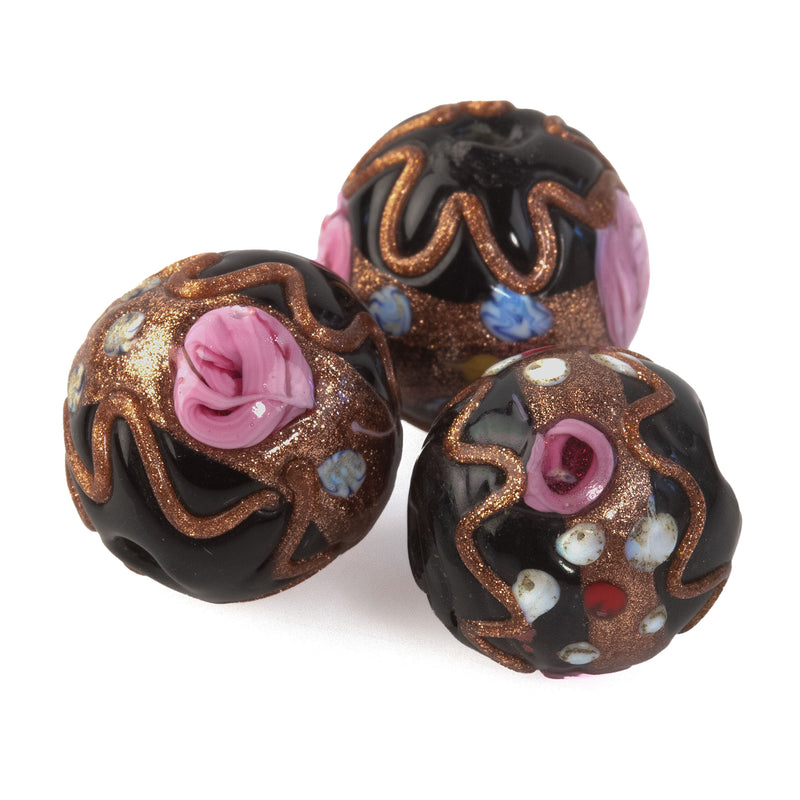 Vintage Venetian fiorato black and pink glass wedding cake beads c. 1950s, 14-14.5mm, sold individually. 