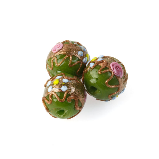 Vintage moss green Venetian Fiorato Wedding Cake glass beads. 13-14mm. 1950s. Pkg of 1. b1-1095