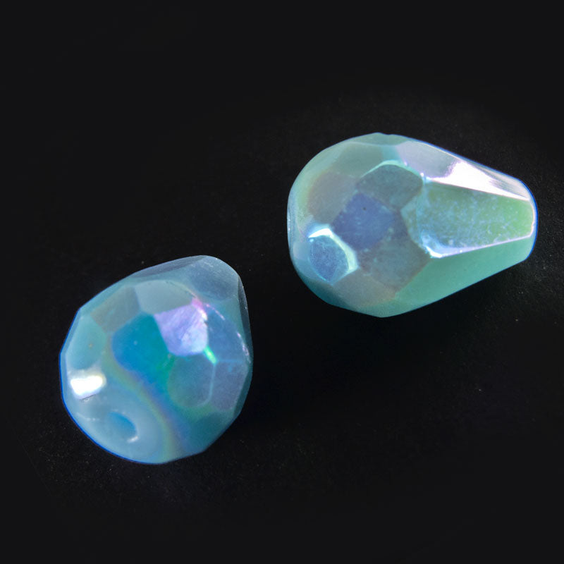 Vintage blue-green faceted teardrops with AB finish. 11x8mm. Austria, 1950s. Sold as pkg. 4.