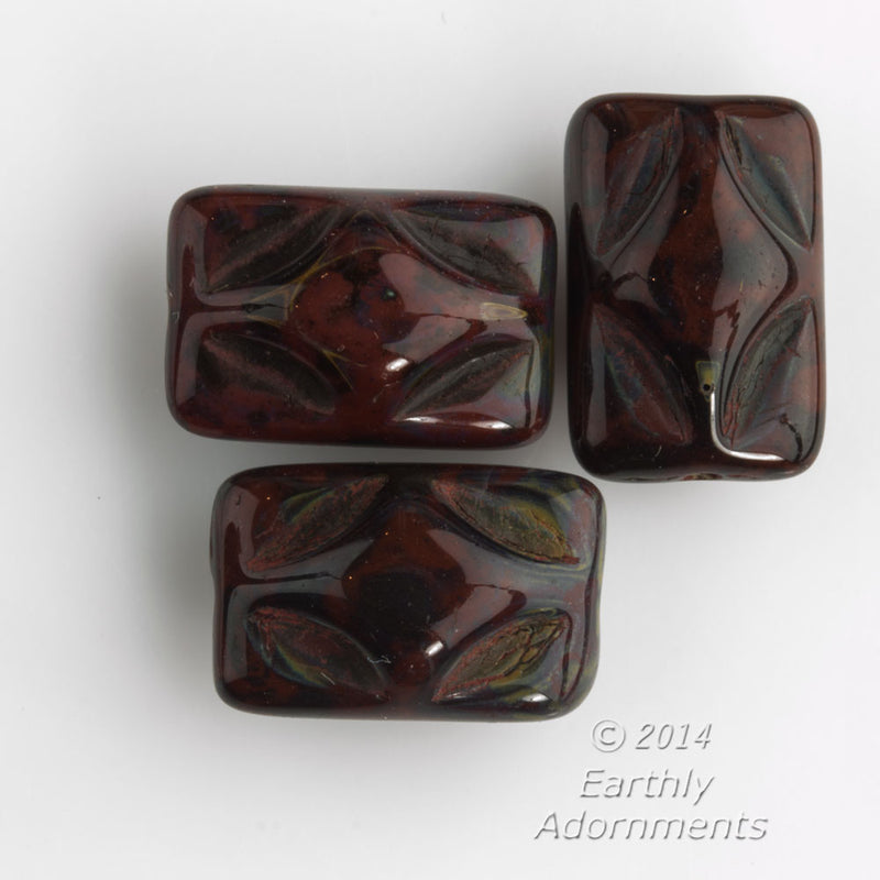 Vintage pressed glass mahogany luster rectangles. 12x8x7mm. Pkg of 12