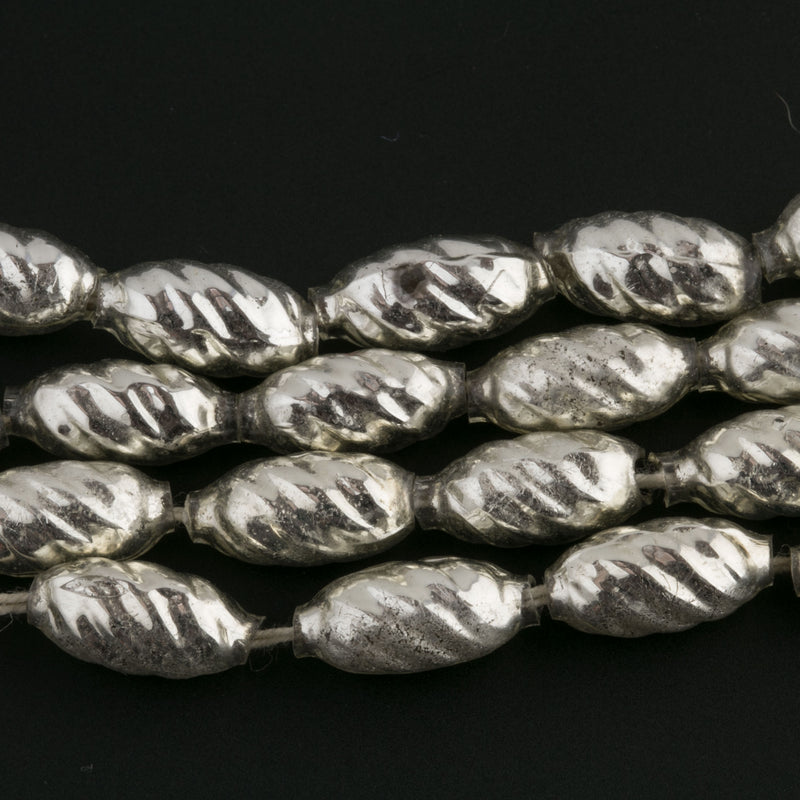 Vintage Japanese Hollow Blown Glass Beads.  Oval-shaped with Swirled Pattern. Silvered. 1940s Occupied Japan. 15mm. Pkg of 10. B11-BW-0505