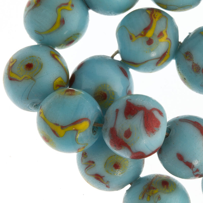 Peking Glass Eye Beads red and yellow on opaque blue. 14mm. Pkg of 4.