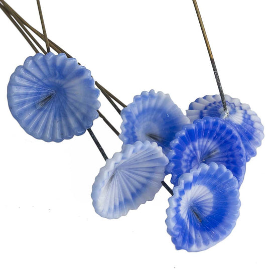Blue & white glass flowers on wire. 76x15mm. Pkg 6. B11-BL-0636