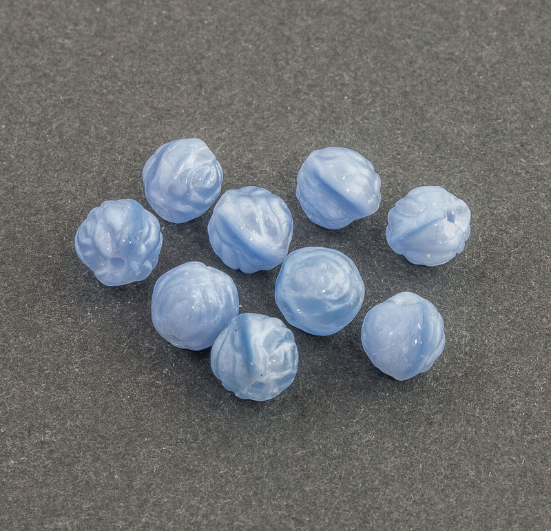 Vintage Czech blue satin glass rose beads. 6.5mm Pkg of 20.