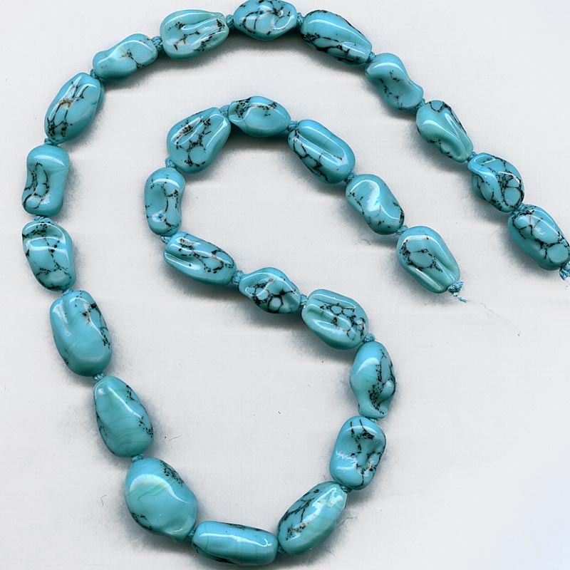Vintage Japanese faux matrix turquoise glass nuggets, 17 inch knotted strand.