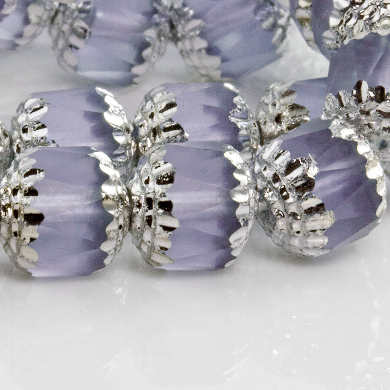 Czech diamond-cut window beads with silver edges in alexandrite