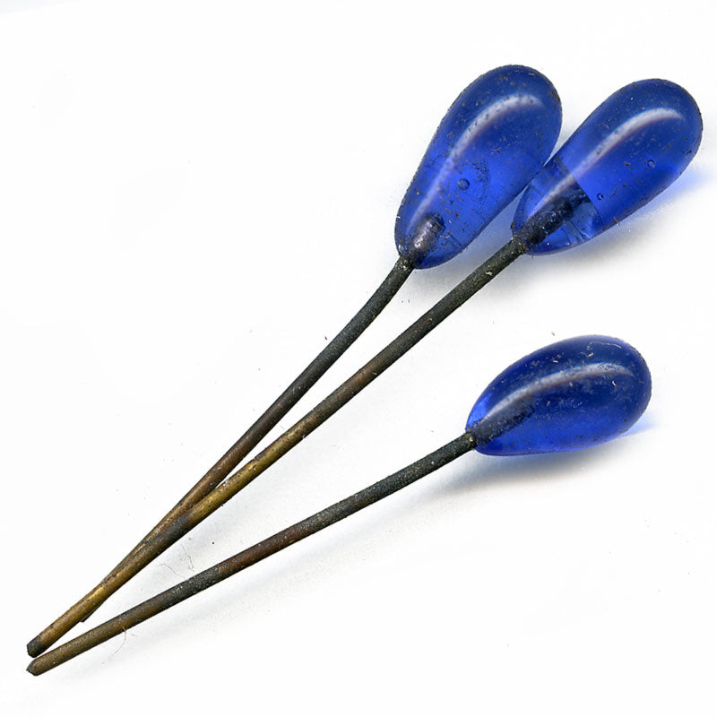 Vintage hand made sapphire blue teardrops on brass wire. 12mm. Pkg of 6.