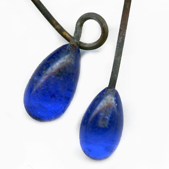 Vintage hand made sapphire blue teardrops on brass wire. 12mm. Pkg of 6.
