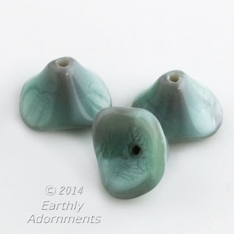 Czech 3-petal trumpet flower bead 10x12mm in an opaque blue-gray. Package of 6