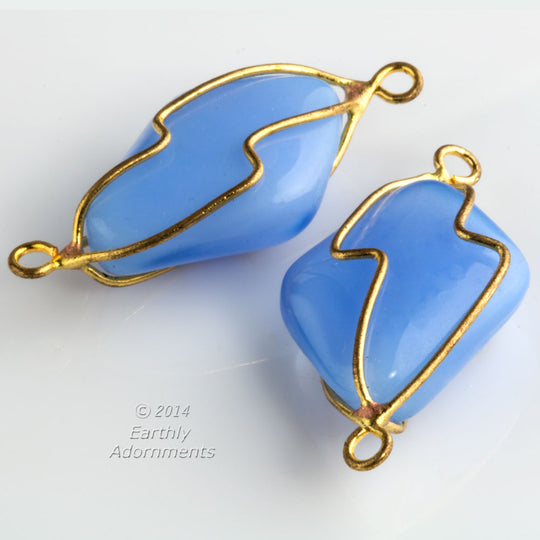 Blue Opal Glass wire-wrapped stone, with 2 loops. 36x19mm. Pkg 1. b11-bl-2092