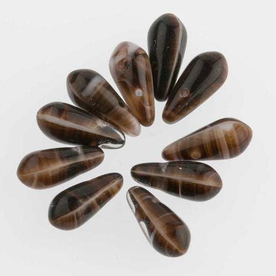 Brown & White Tortoise Glass Teardrop Pendant Bead. 11mm. Pkg 10. B11-BR-0332