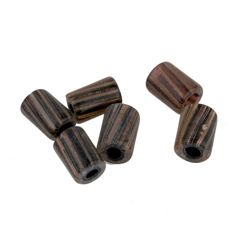 Vintage black glass and aventurine striped cylinders. 10mm. Pkg of 6. 
