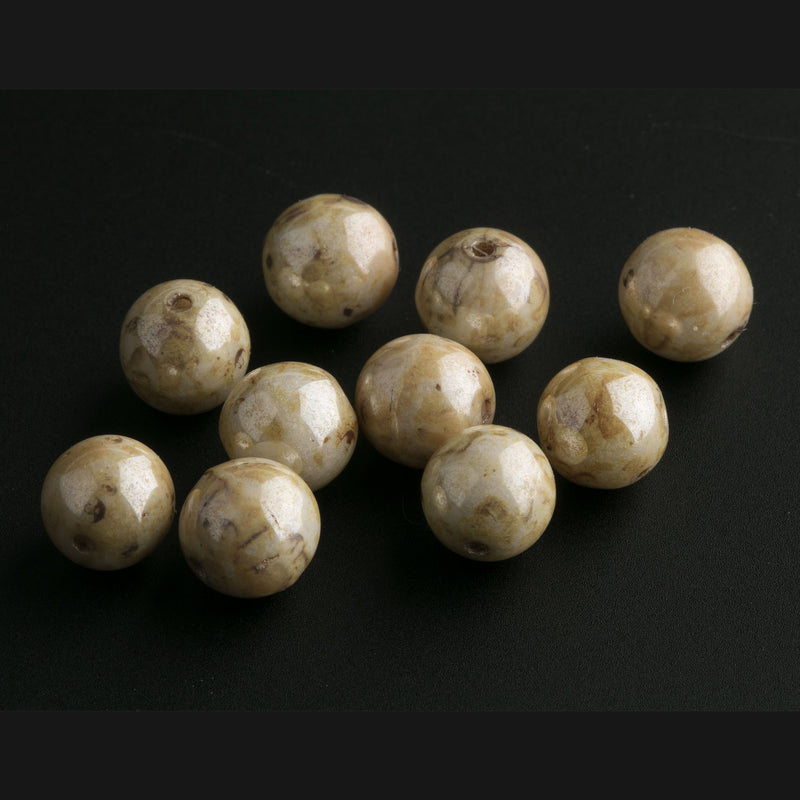 Vintage Czech lustrous silvery dark mustard and speckled brown Picasso finish glass beads  7mm. Pkg  20. 