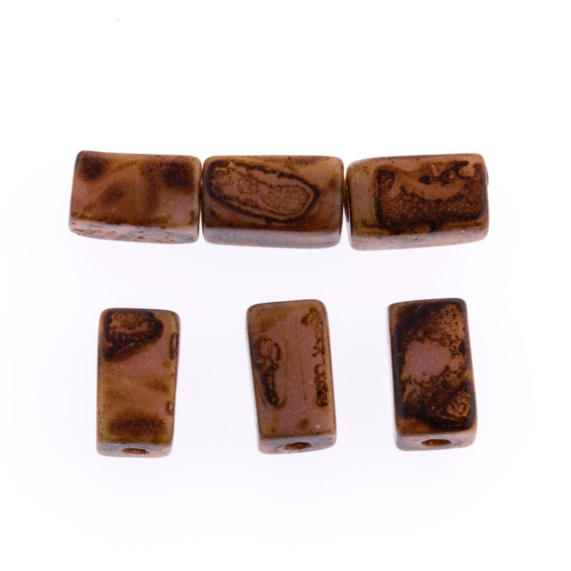 Vintage Czech picasso finish glass rectangle beads. 10x5mm. Pkg of 6. 