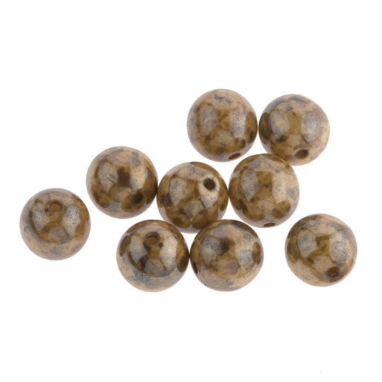 Vintage Czech lustrous silvery dark mustard and speckled brown Picasso finish glass beads  7mm. Pkg  20.  b11-br-0758