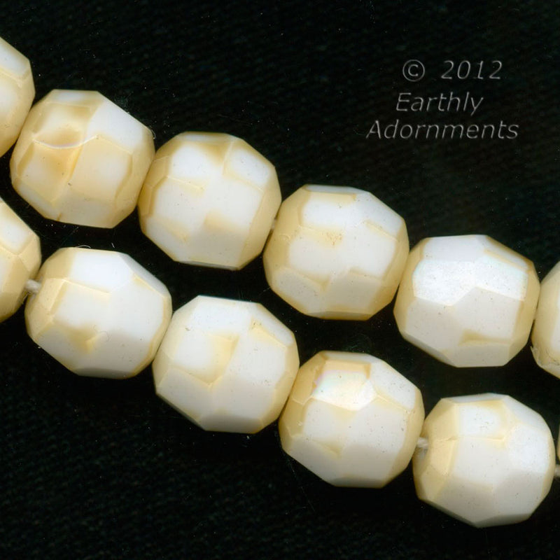 Vintage opaque milk white faceted rounds with tan frosting. 10mm. Pkg. of 6