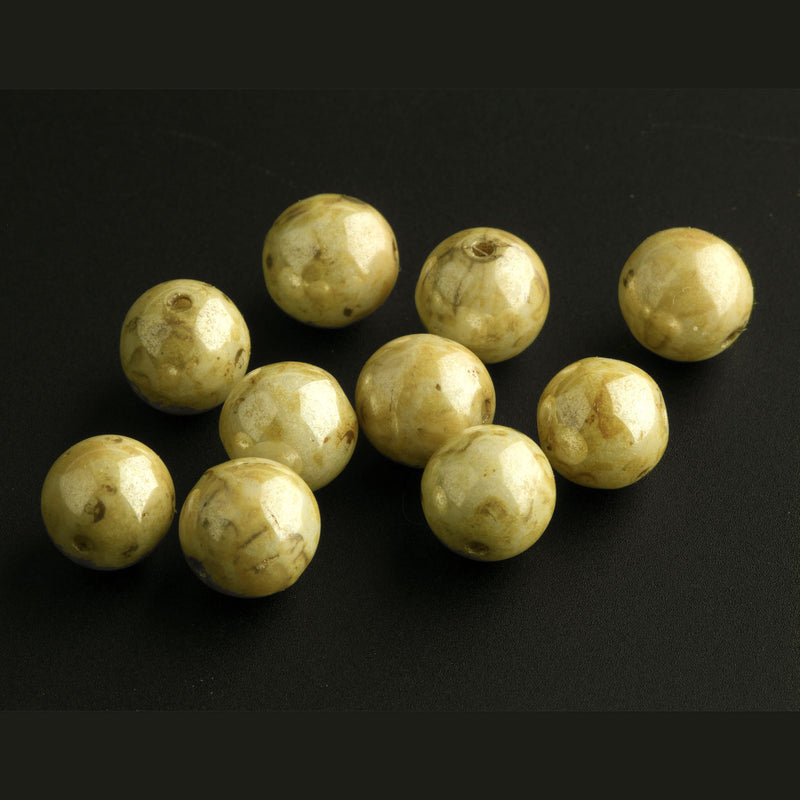 Vintage Czech lustrous light mustard yellow speckled brown Picasso finish glass beads  7mm. Pkg  20.