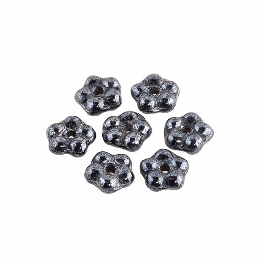 Czech Daisy Lochrosen in jet hematite glass, 7mm. Pkg of 15. b11-bw-0758
