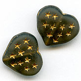 Translucent charcoal gray heart shaped glass beads with gold stars. 15x13x5mm. Pkg of 4.
