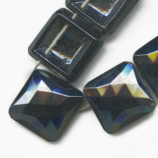 Old Czech square 2 hole domed faceted glass beads with Hematite finish. 12mm pkg of 6. b11-bw-0920