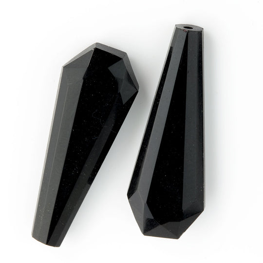 1920s France jet glass top drilled faceted pendant shaped beads, 26x9mm pkg of 2 . b11-bw-0973