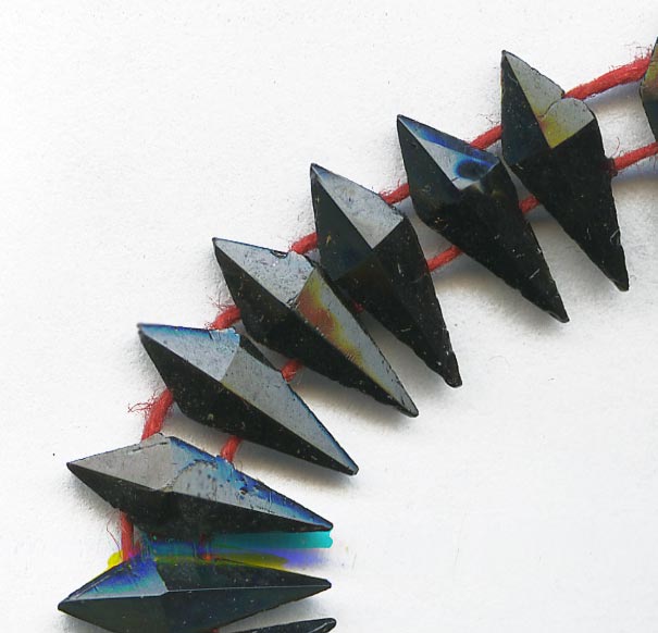 Old Bohemian dagger shaped faceted jet glass 2 hole beads. 10x4mm. pkg of 10.