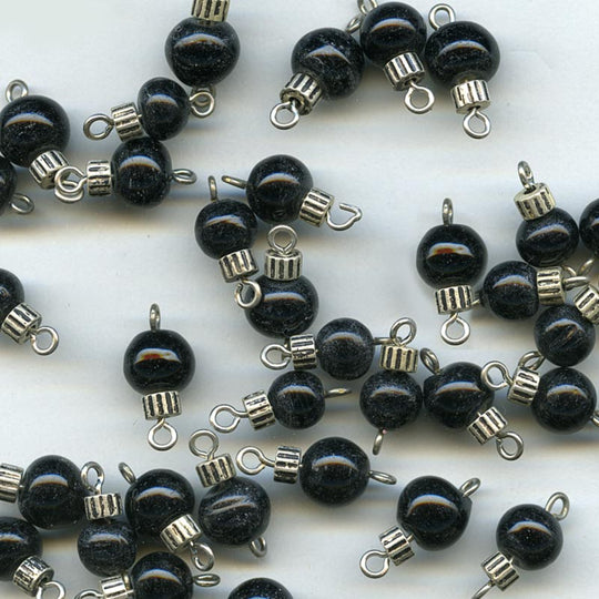 Jet Black Glass Round Bead, silver color bead, on wire. Pkg 10. b11-bw-0998