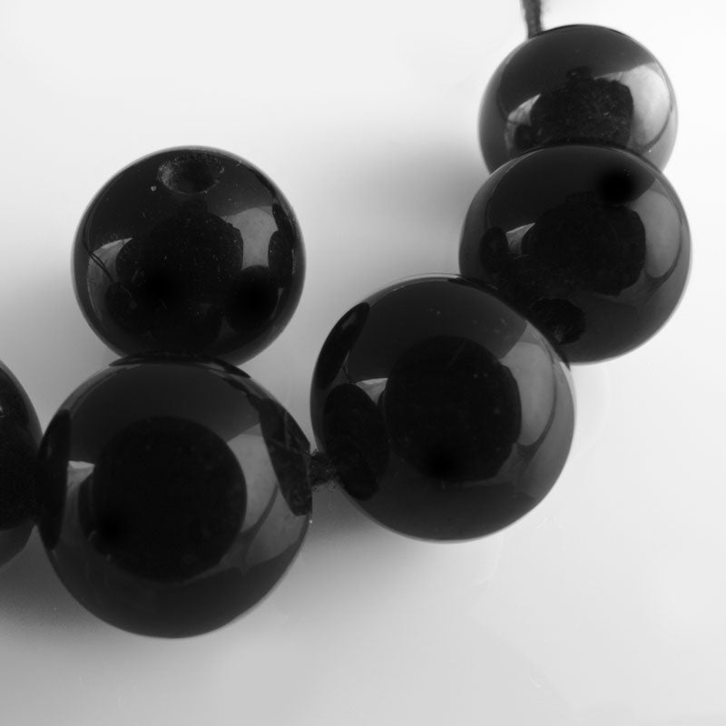 Vintage glossy hand made black glass round beads, 10x12mm Japan, 10 pieces.