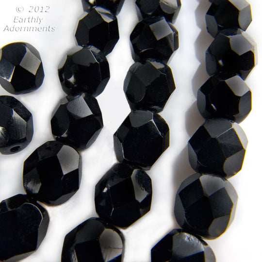 Vintage Czech black glass fire polish faceted round beads 8mm strand of 25. b11-bw-2024(e)