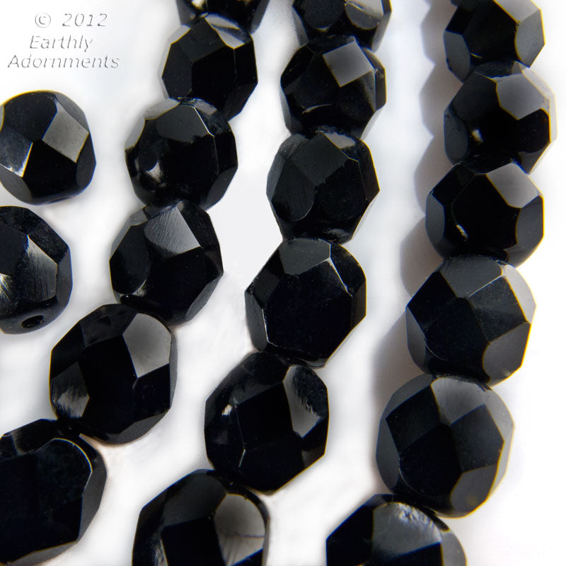 Vintage Czech black glass fire polish faceted round beads 8mm strand of 25. 