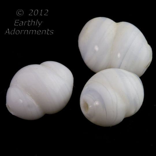 Rare vintage striated opal white lampwork swirled glass beads. 14mm x 10mm. Pkg 6.  b11-bw-2040(e)